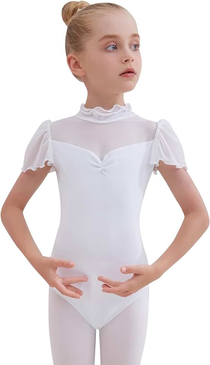 Balletpakje voor meisjes, met ruches, balletbody, gymnastiek van katoen, baljurk, korte mouwen, turnkleding