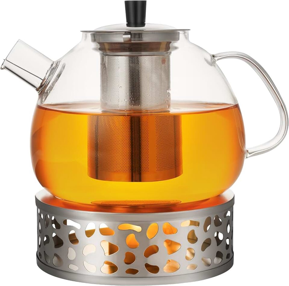 Theepot met zeef, 1,6 liter, transparant, verwarmbare glazen kan met roestvrijstalen verwijderfilter, geschikt voor aromatische, groen, zwart, vruchtenthee, 1500 ml (theepot (met verwarmingsbasis))