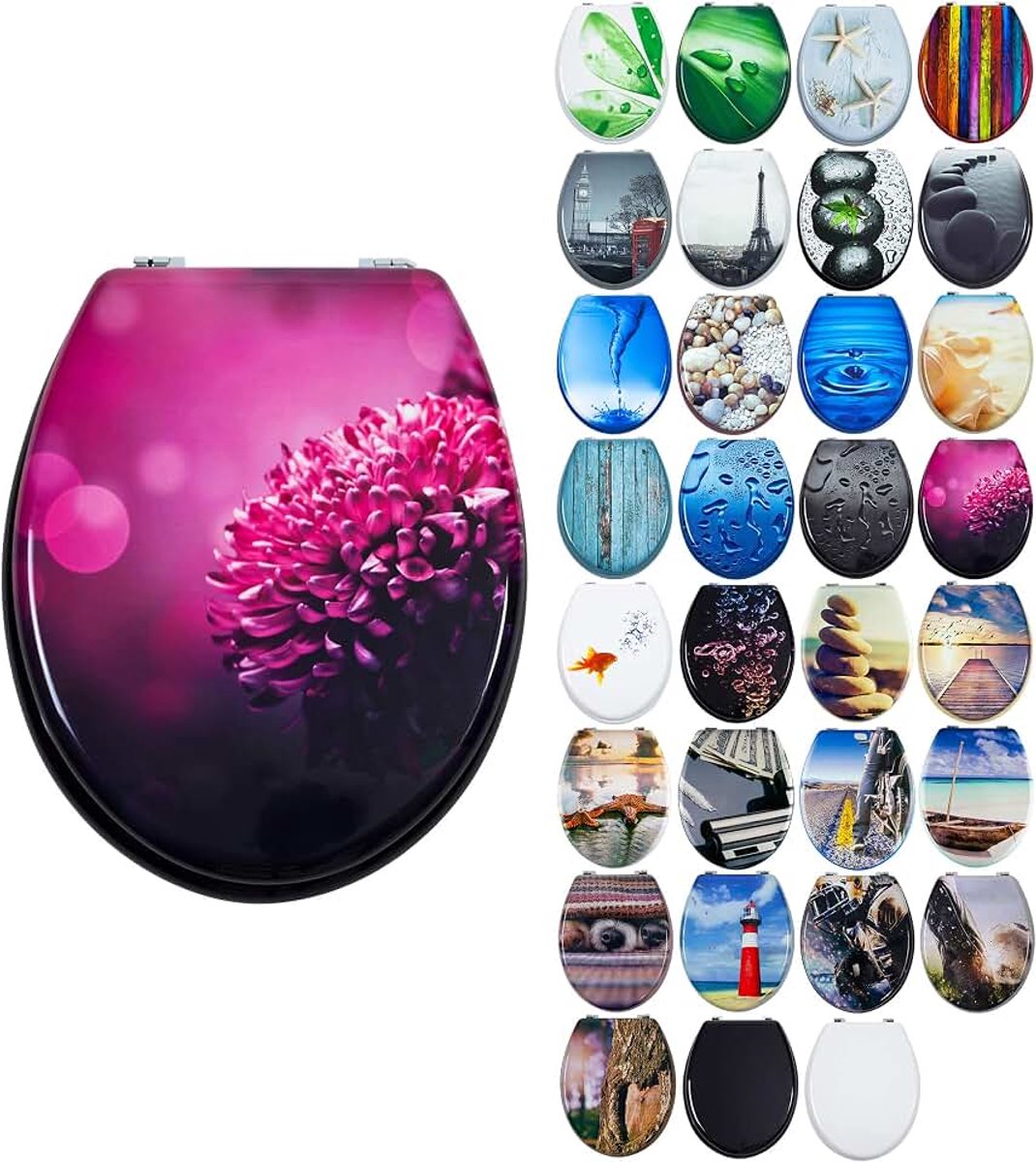 MDF WC-bril, keuze uit vele mooie motieven, goede kwaliteit, eenvoudige montage, wc-deckel, klobrille (Roze Dahlia)
