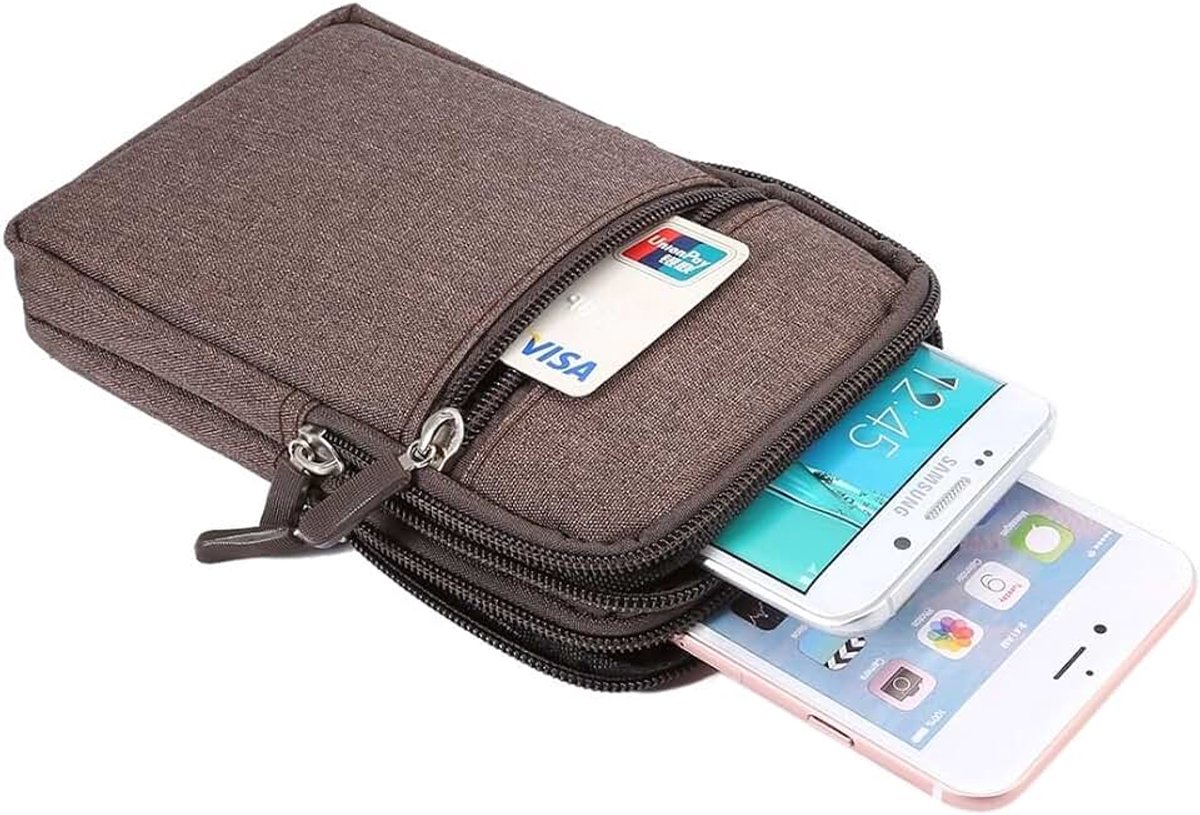 Multifunctionele verticale strepen zakje tas tas ritssluiting karabijnhaak voor Motorola Channel XT1952-T (2019) - bruin (17 x 10,5 cm)
