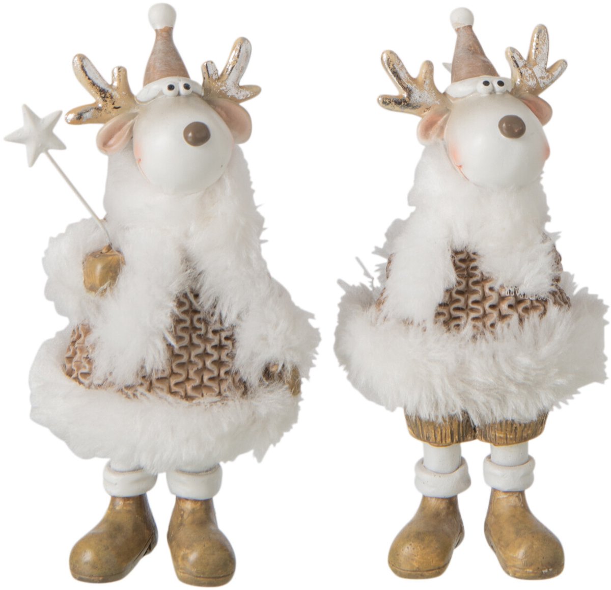 J-Line figuur Rendier Winterkleren - polyresin - wit/beige - small - 2 stuks