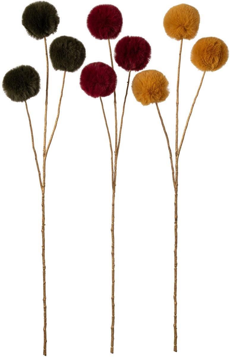 J-Line Decoratieve tak met pompons - katoen - bruin/donkergroen - assortiment van 3