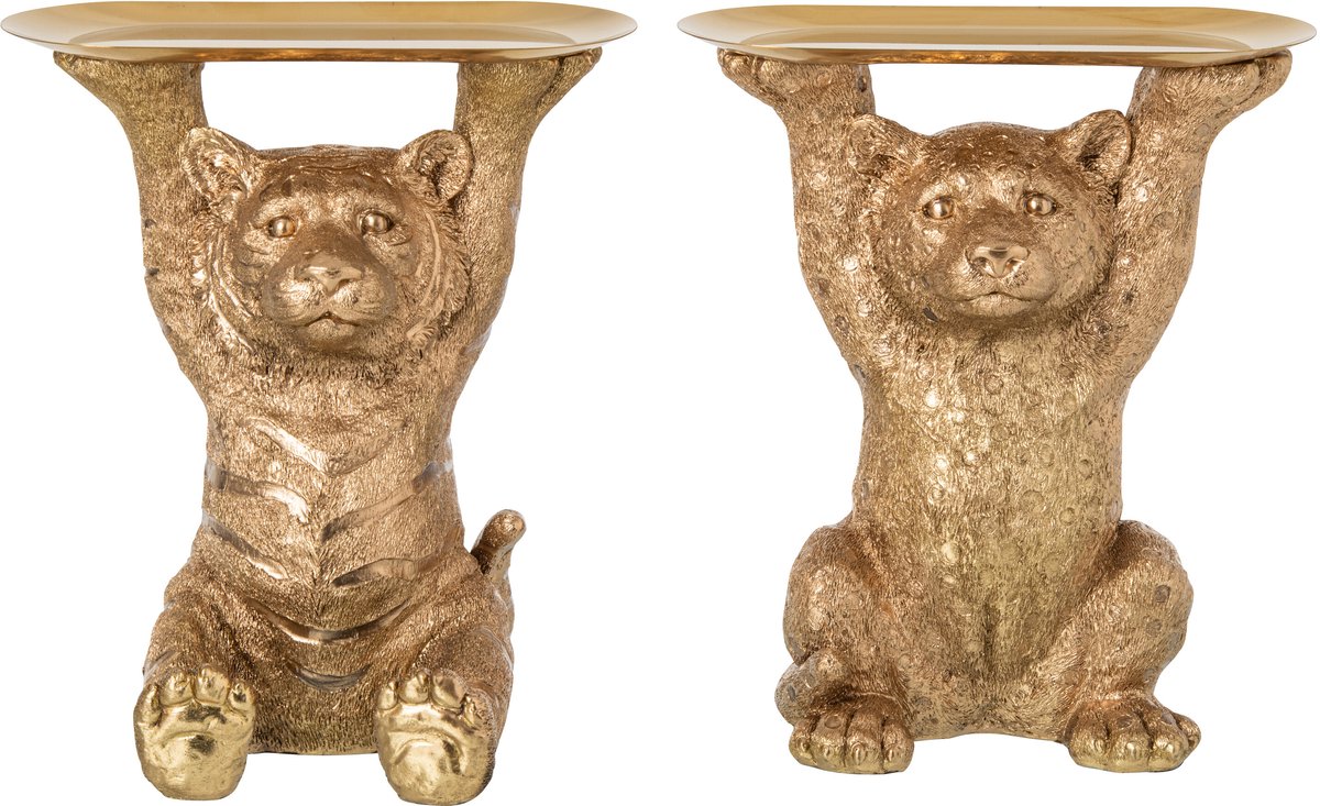 J-Line Decoratief dienblad tijger en luipaard - polyresin - goud - assortiment van 2