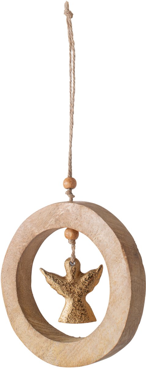 J-Line Hangende engel in cirkel - mangohout - naturel/goud - small - set van 6