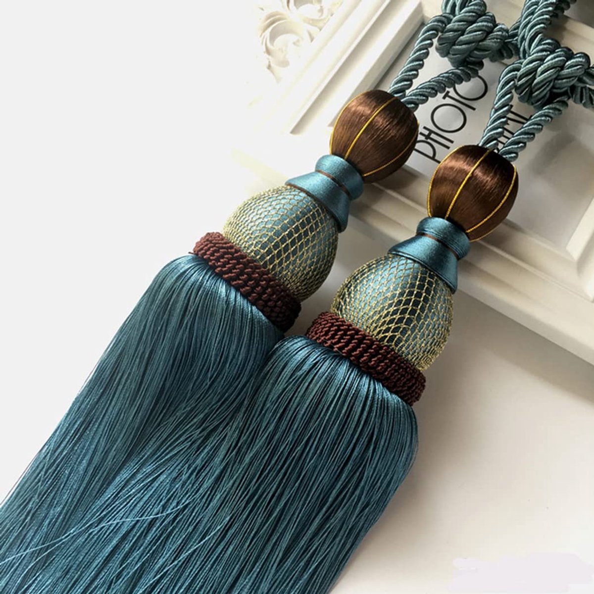 Handgemaakte Gordijn Clips Touw Tie Band,2 stks Grote Tie Backs Bal Kwastje Gordijn Tieback Blauw