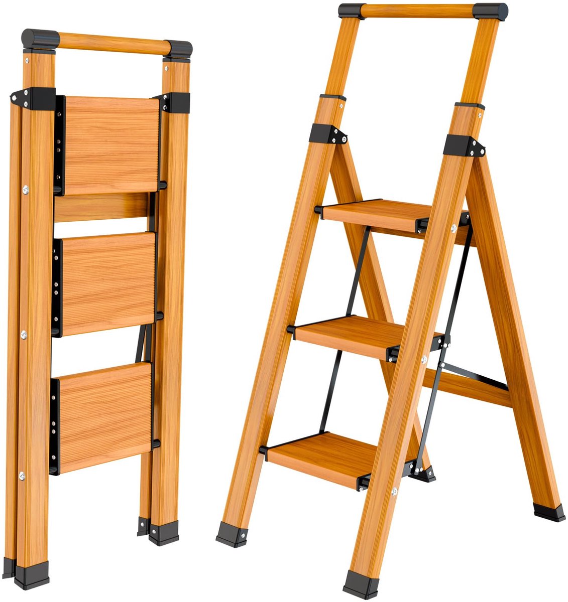 Trapladder 3 treden inklapbaar, antislip huishoudladder, multifunctionele ladder, houtnerf, draagbare trapladder met uittrekbare leuning, aluminium vouwladder, belastbaar tot 150 kg