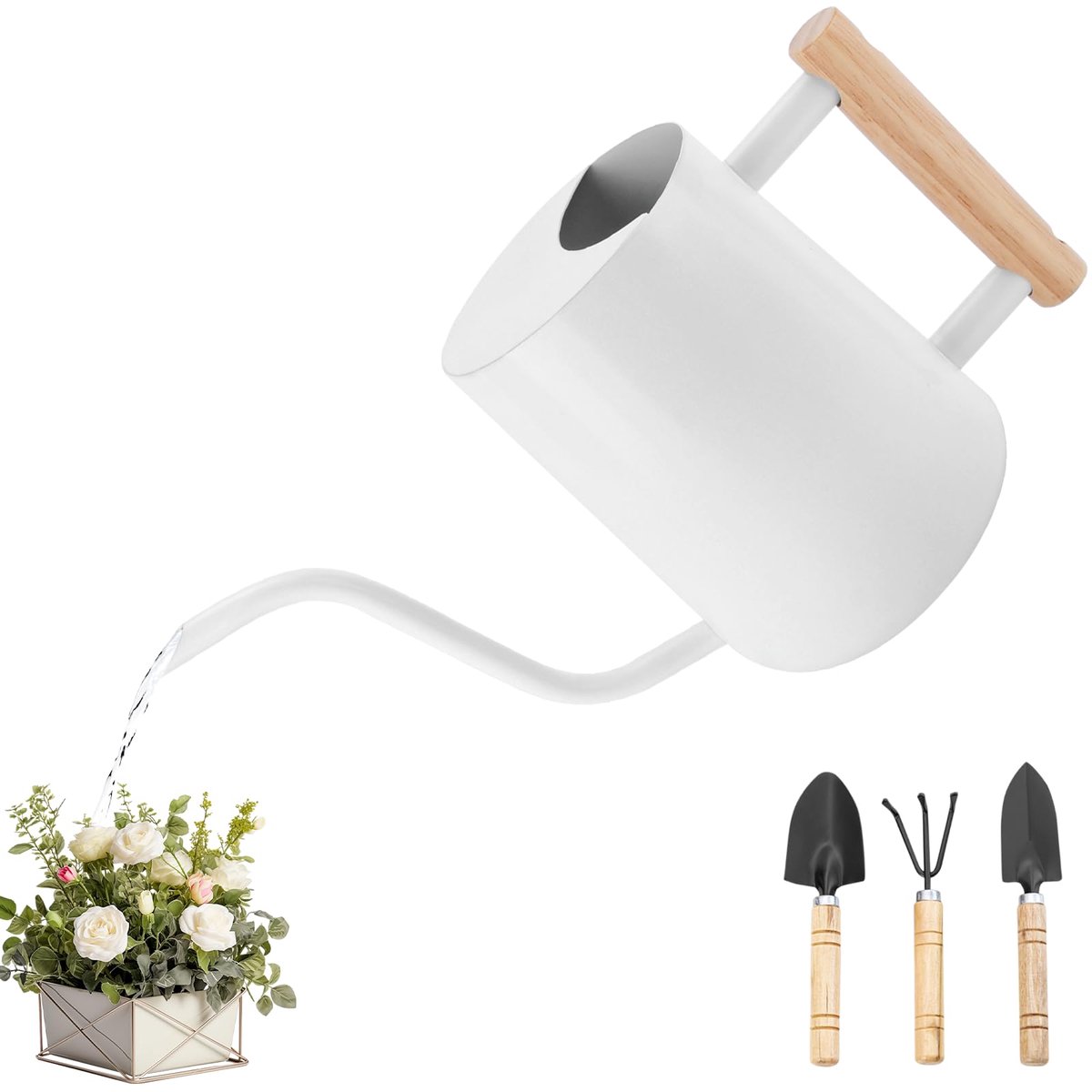 Gieter voor Kamerplanten,1L Kleine Gieter van Roestvrij Staal,Lange Uitloop,Mini-Gieter met Klein Tuingereedschap,Witte Tuingieter voor Potplanten,Vetplanten,Tuin