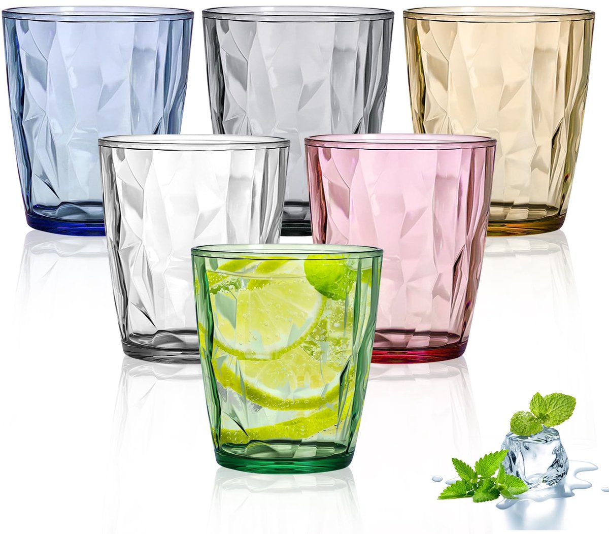 Drinkglazen, 300 ml, plastic waterglazen, whiskyglazen, cocktailglazen, drinkbekers, kleurrijke acrylbekers met kristalglas-look, sapglazen voor water, sap, ijskoffie, zachte