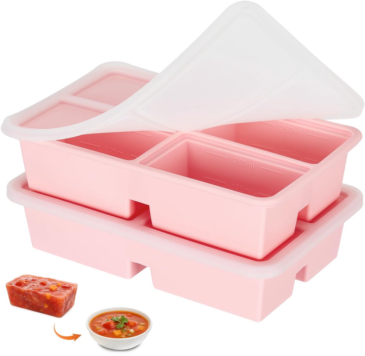 Set van 2 siliconen vriesbakjes, 4 vakken × 250 ml, soep, invriezen container met deksel, BPA-vrije levensmiddelen, soepblokjes, vriescontainers, stapelbaar voor bouillon, saus, ijs