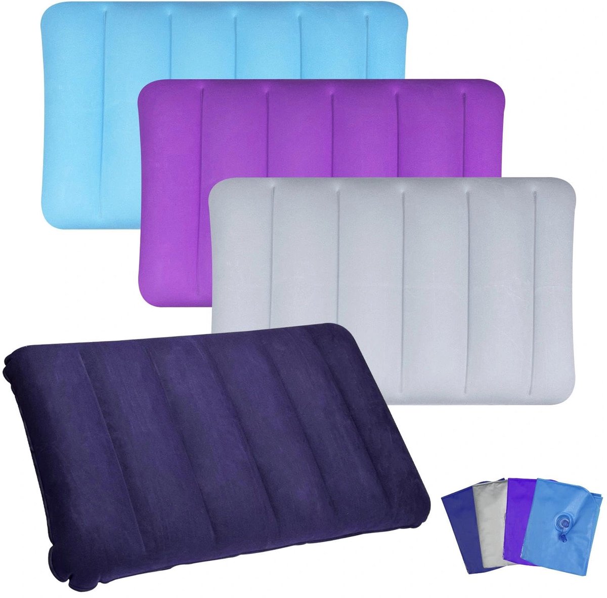 Opblaasbaar kussen, strandkussen, opblaasbaar campingkussen, outdoorkussen, opvouwbaar, gevlokt, opblaasbaar kussen voor camping, reizen, kantoor, 44 x 29 cm, 4 stuks