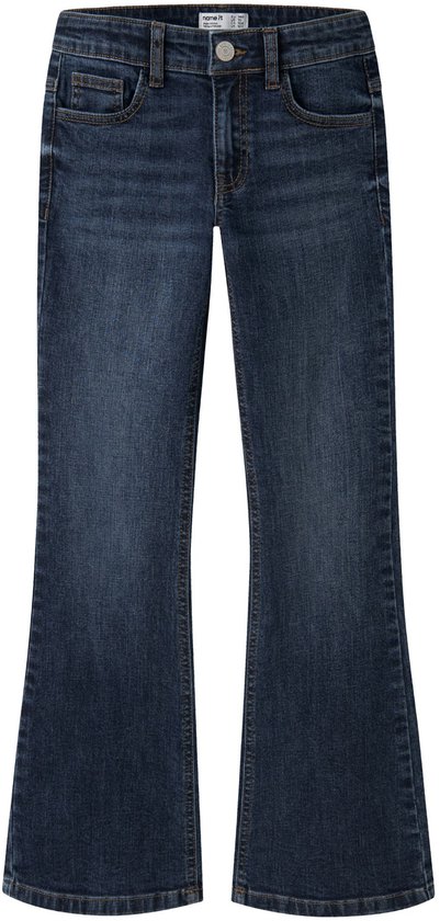 Donkerblauwe bootcut spijkerbroek met lage taille en merklabel.