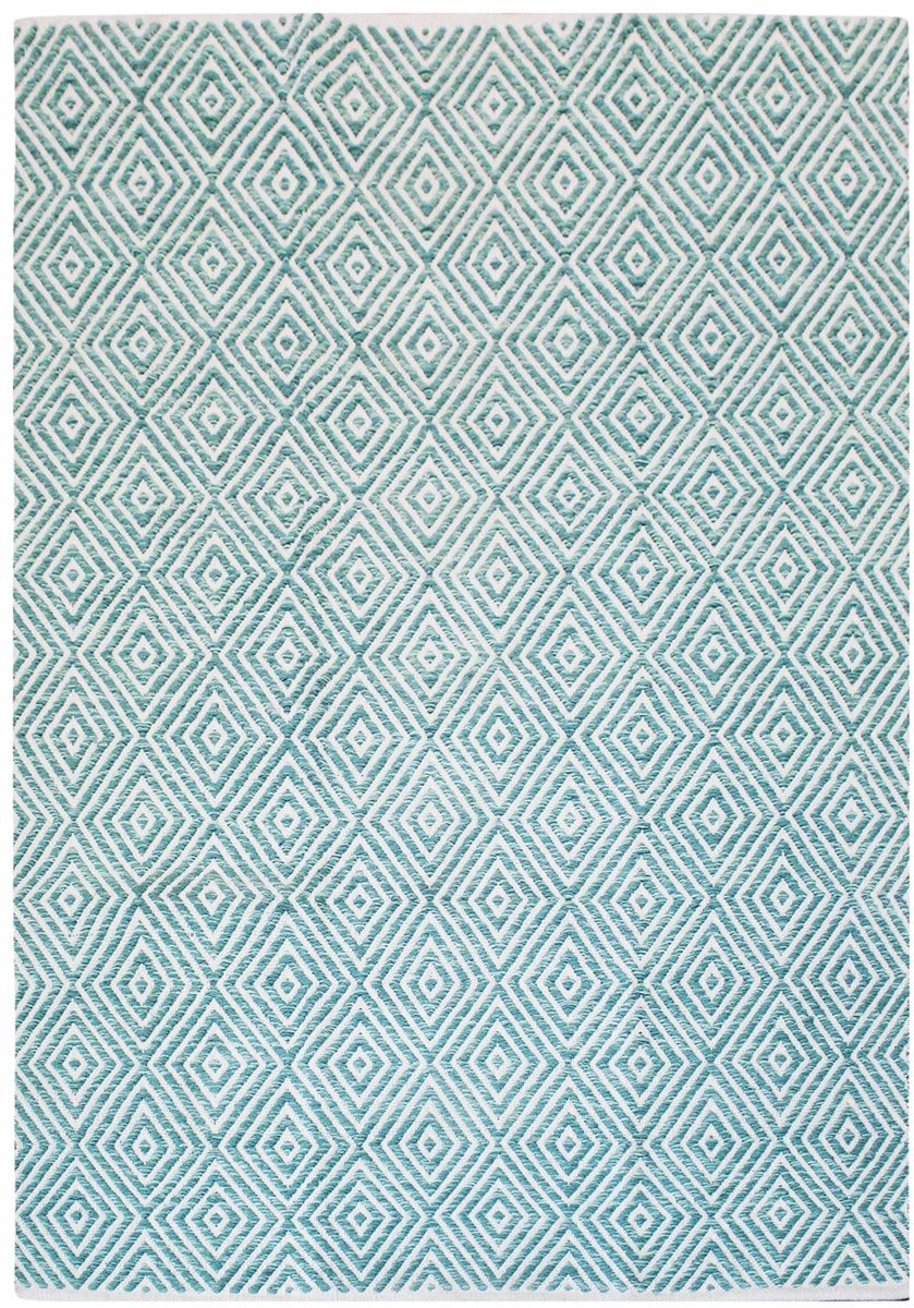 Padiro design laagpolig vloerkleed 160 x 230 cm - turquoise - modern abstract ruitontwerp - voor vloerverwarming - van katoen, polyester, viscose en modacryl