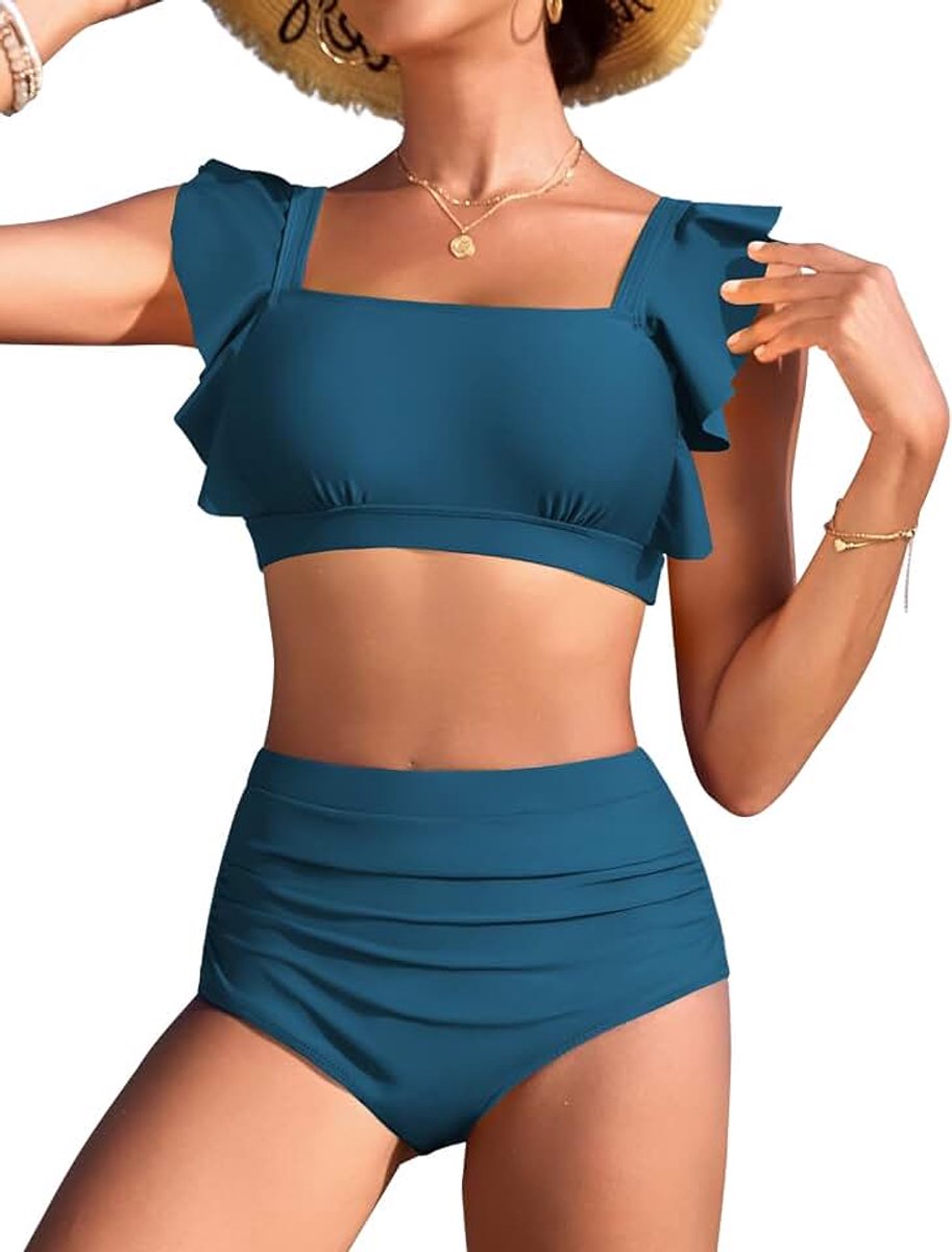 Bikini voor dames, hoge taille, 2-delig, vierkante hals, ruches, hoge taille, buikcontrole, bikiniset, tweedelig
