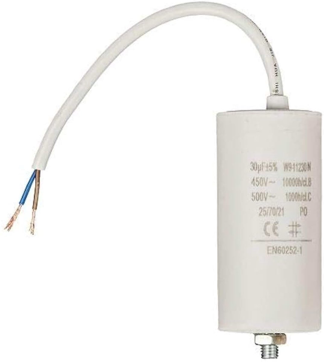 Startcondensator voor elektromotor, permanente condensator, eenfasig, aansluitkabel, geschikt voor pompen, compressoren, wasmachines, luchtmachines, 450 VAC, 30,0 uF