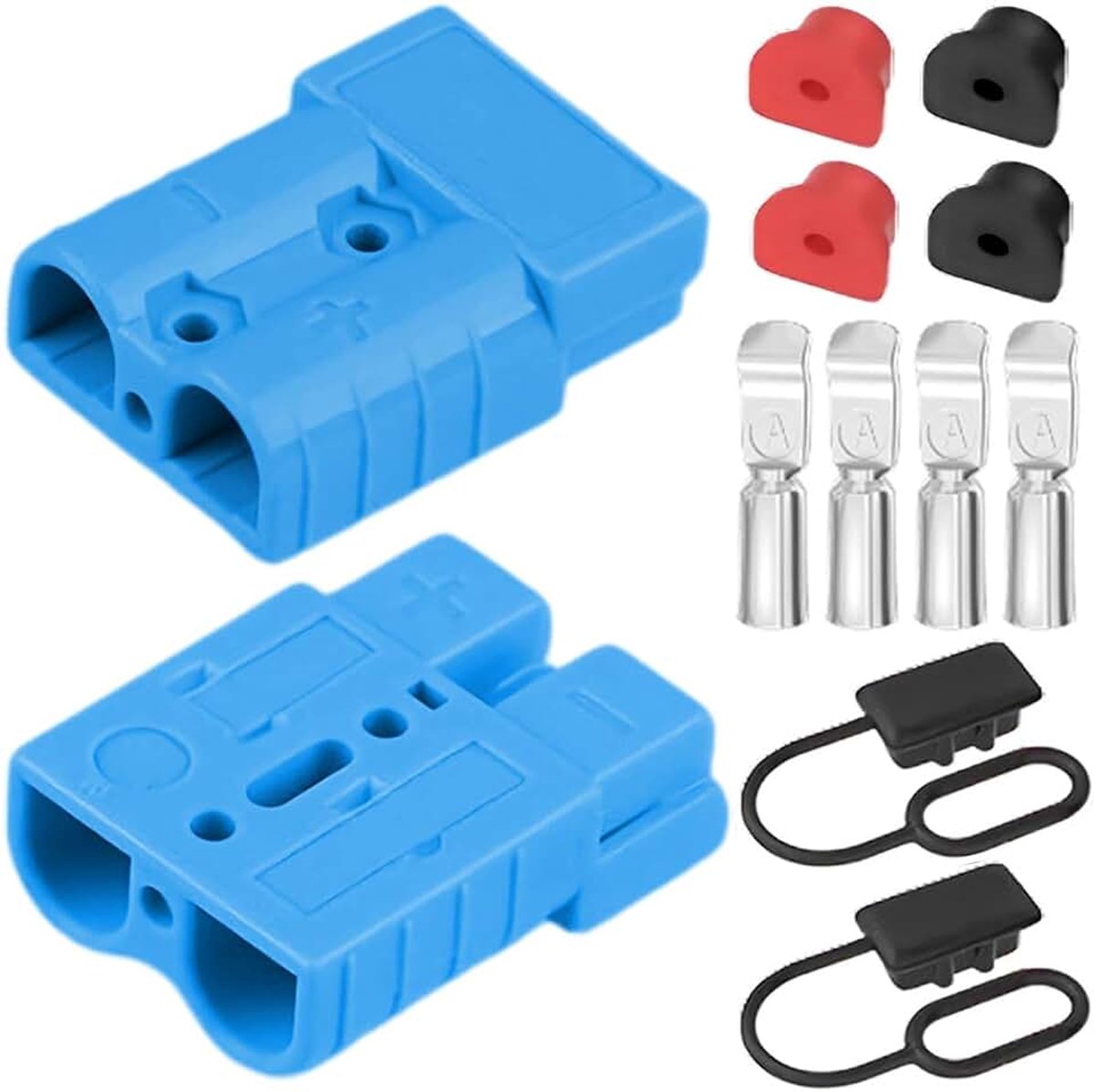 2 stuks batterij Quick Connect Plug, 600V 50A Heavy Duty Disconnect Connector voor 6-12 AWG-kabel, vlamvertragend met stofdichte dop voor auto, camper, grasmaaier (blauw)