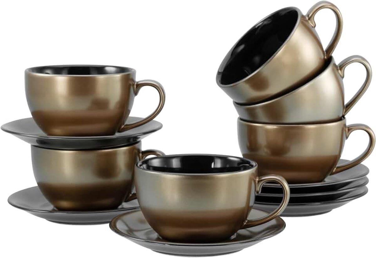 24331, serie Golden Days zwart, 12-delige serviesset voor 6 personen, cappuccinoset van aardewerk, vaatwasser- en magnetronbestendig, kwaliteitsproductie
