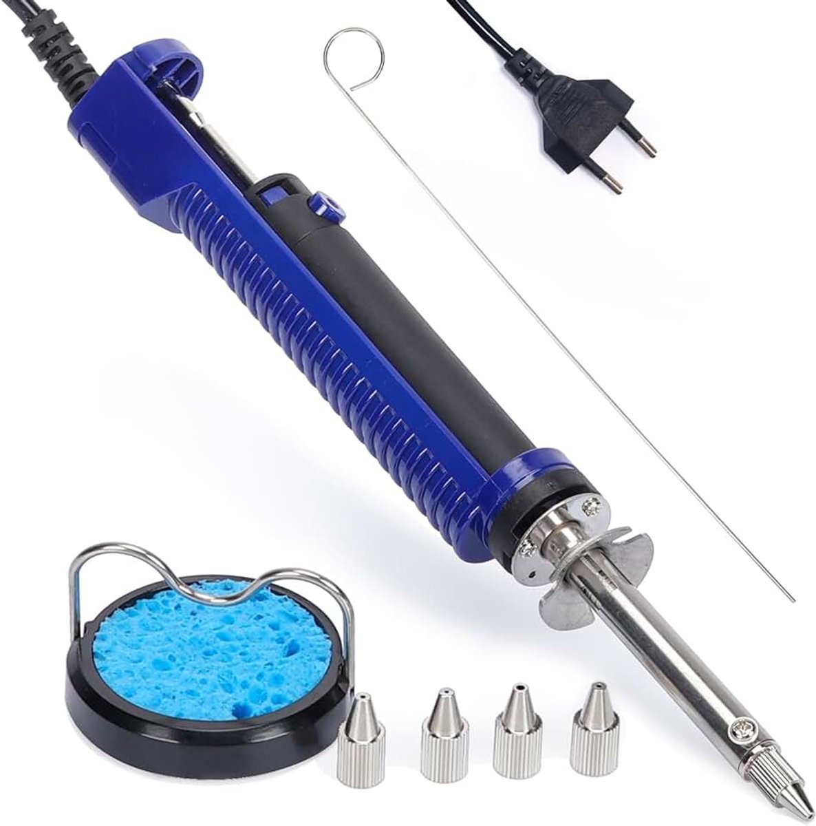 929D-V 2-IN-1 Elektrische Ontsoldeerpomp Set, 5 Sproeiers 0,8/1,0/1,2/1,5 mm Soldeerzuiger Set met geïntegreerd Afzuigsysteem, Soldeerbouthouder, Spons, Reinigingsstift (EU)