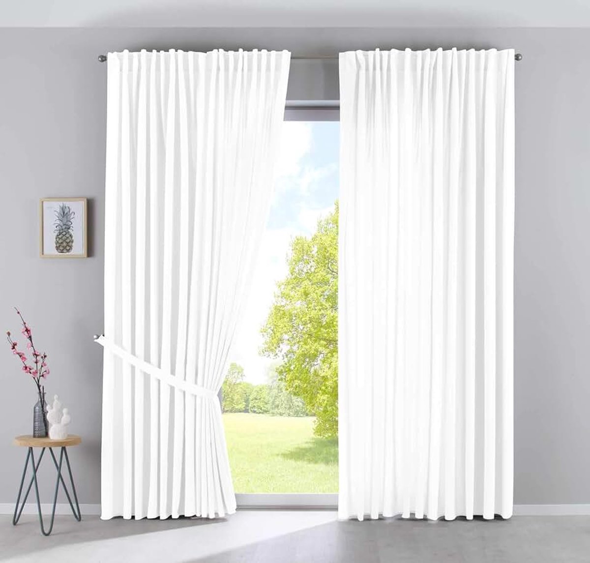 2019037-2, set van 2 gordijnen, verborgen lussen, wit, ondoorzichtig, linnenlook, gemêleerd, HxB 250 x 300 cm