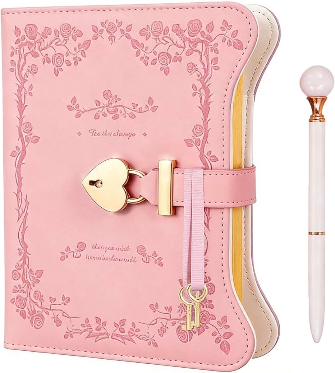 Dagboek met slot voor meisjes, B6, afsluitbaar notitieboek met sleutel, 360 pagina's, schrijfdagboek met PU-cover, cadeau-idee voor meisjes, tieners en vrouwen (roze)