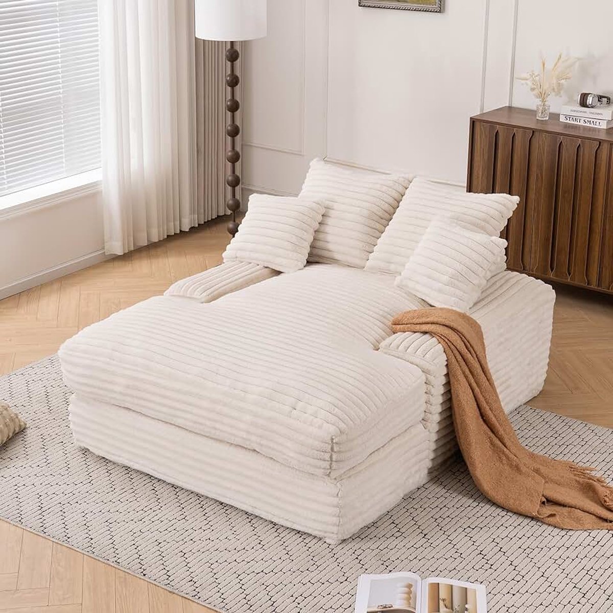 Sofa | 46 cm hoge relaxbank zonder montage, moderne corduroy sofa met zacht gevoerde armleuningen, indoor loungestoel voor woonkamer, leeshoek en kantoor, wolkendesign (wit, 175 cm × 137 cm × 63