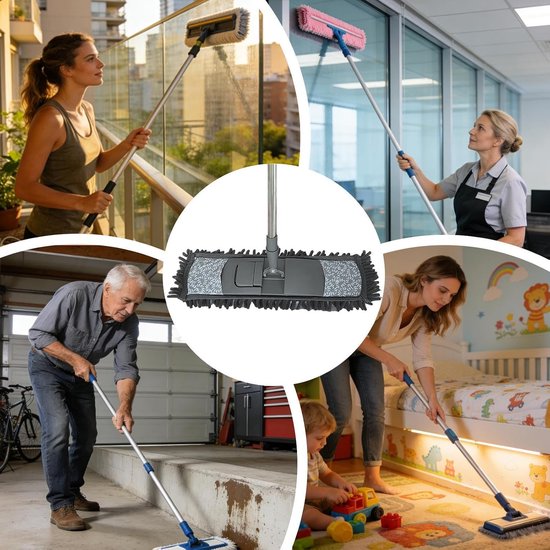 Reinigingsmop - Vloerwisser Dweil - Huishoudelijk Schoonmaken - Verstelbare Steel - 135 cm - Grijs — afbeelding 2