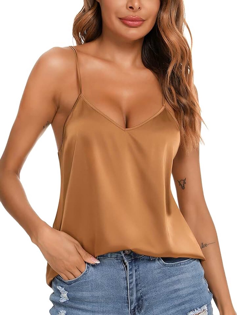 Zijden satijnen tanktops voor dames, V-hals, casual hemdje, mouwloos hemdblouse, zomer, basic tankshirt