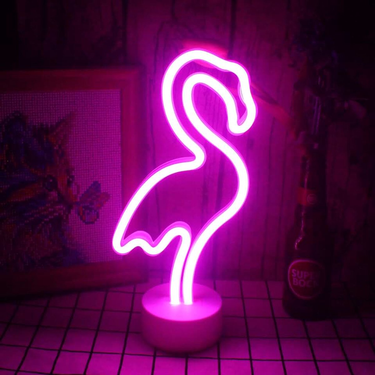 Flamingo neonbord, roze flamingo, neonlicht met USB-basis, werkt op batterijen, dieren, lichtreclame voor slaapkamer, tafel, woondecoratie
