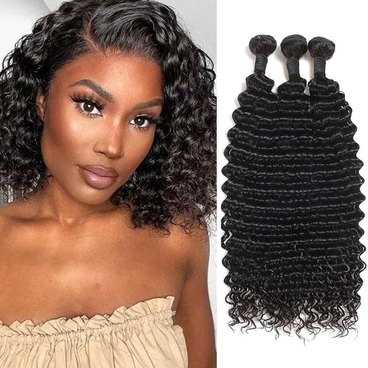 Wave Human Hair Bundles (12 12 12 Inch) 3 Bundles Krullend Braziliaans Menselijk Haar Bundels Human Hair Weft Extension Natural Color 70g/Bundle (Total 210g)