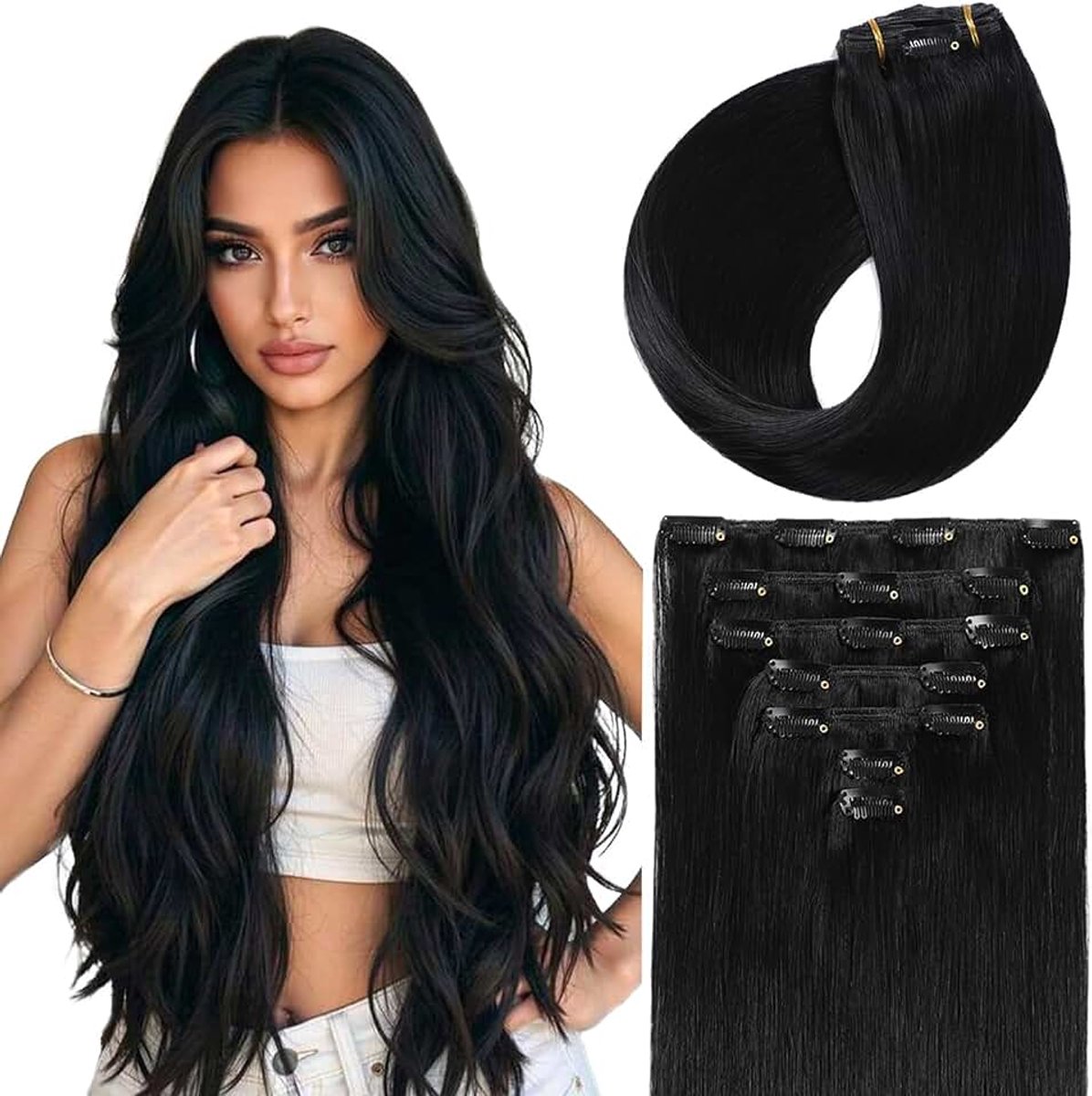 Clip-in extensies, echt haar, jett zwart, echt haar extensies, clip-in, echt haar extensies, onzichtbare clip-extensies, glad haar, skin weft, 70 g, 40,5 cm, 7 stuks met 16 clips