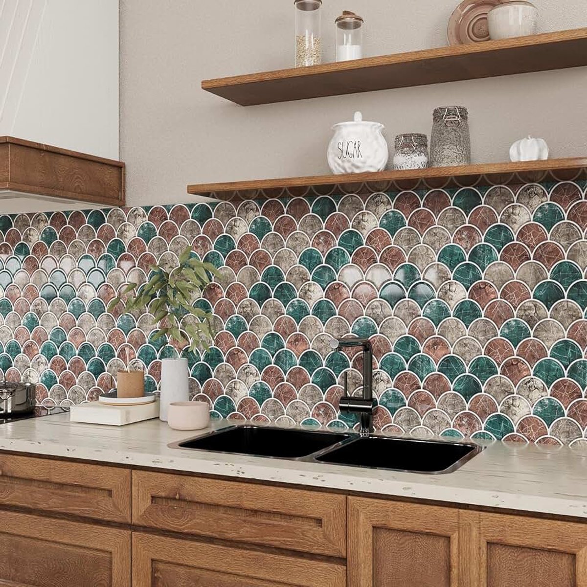 Tegelstickers visschubben boho kleeftegels keuken achterwand waaiervorm vintage keukentegels overplakken badkamertegels tegelfolie badkamer waterdicht afneembaar 30,5 cm x 30,5 cm 12 stuks
