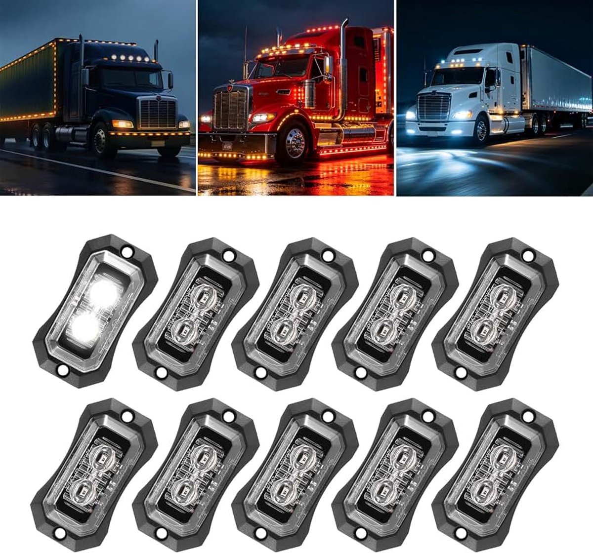 10 x led-markeringslichten 12 V-24 V, aanhanger voor vrachtwagen, bus, caravan, bedrijfswagen, robuust en waterdicht, IP65, 2 leds, universele parkeerlampen, industriële stijl (wit licht)