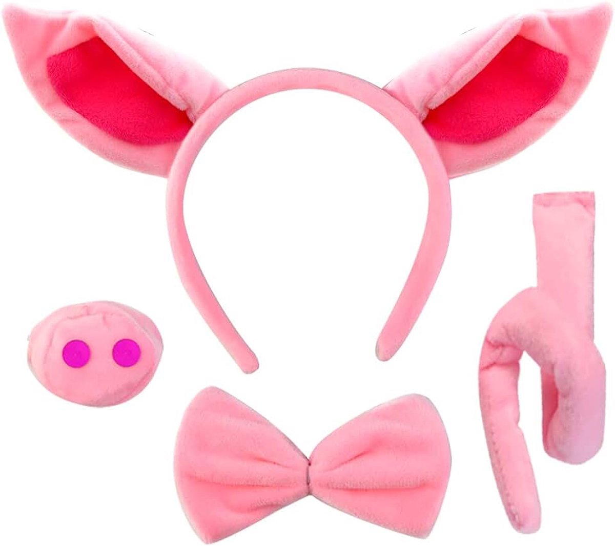 Baotongle kostuumset met varkensoren, staart en vlinderdas, roze varkensoorband en varkensneus, opgerolde varkensstaart, vlinderdas voor Halloween, cosplay en feestdecoratie