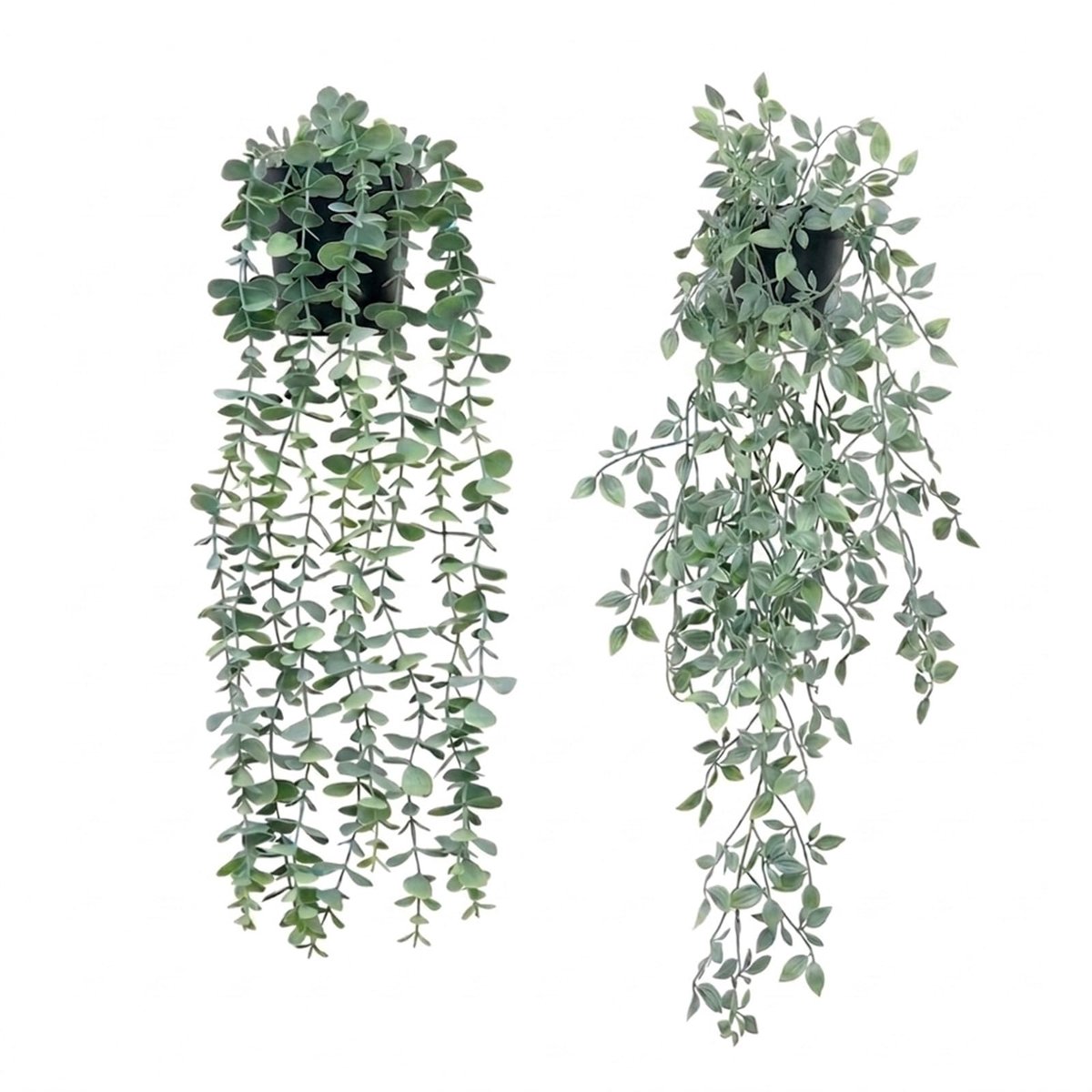 SnelShoppen - Kunsthangplanten als echt | 2 x Eucalyptus & Mandragora | Zwarte Bloempot | Decoratie Woonkamer Badkamer Slaapkamer Keuken | Kunstplante