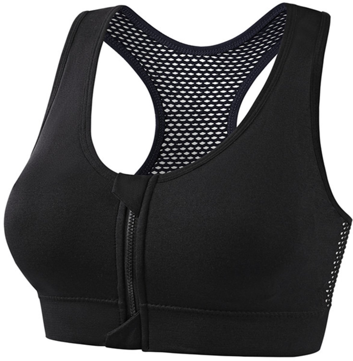 1 Stuks Sportbeha met voorsluiting - Sport BH Dames met Ritssluiting aan de Voorzijde - Sport BH met Rits - High Impact Sportbeha met Rits - Fitness BH - Beha zonder beugel - Push-up & Ademend - Ondergoed dames - Bra - Zwart, XL