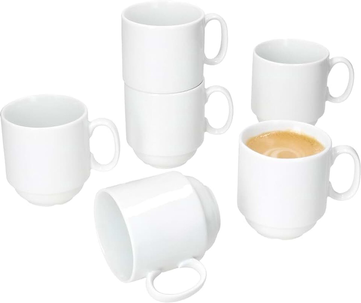 Tommy Set van 6 koffiemokken, 220 ml, witte porseleinen bekers met handvat voor 6 personen, stapelbare kopjes voor warme dranken zoals thee, cacao, latte macchiato en dergelijke