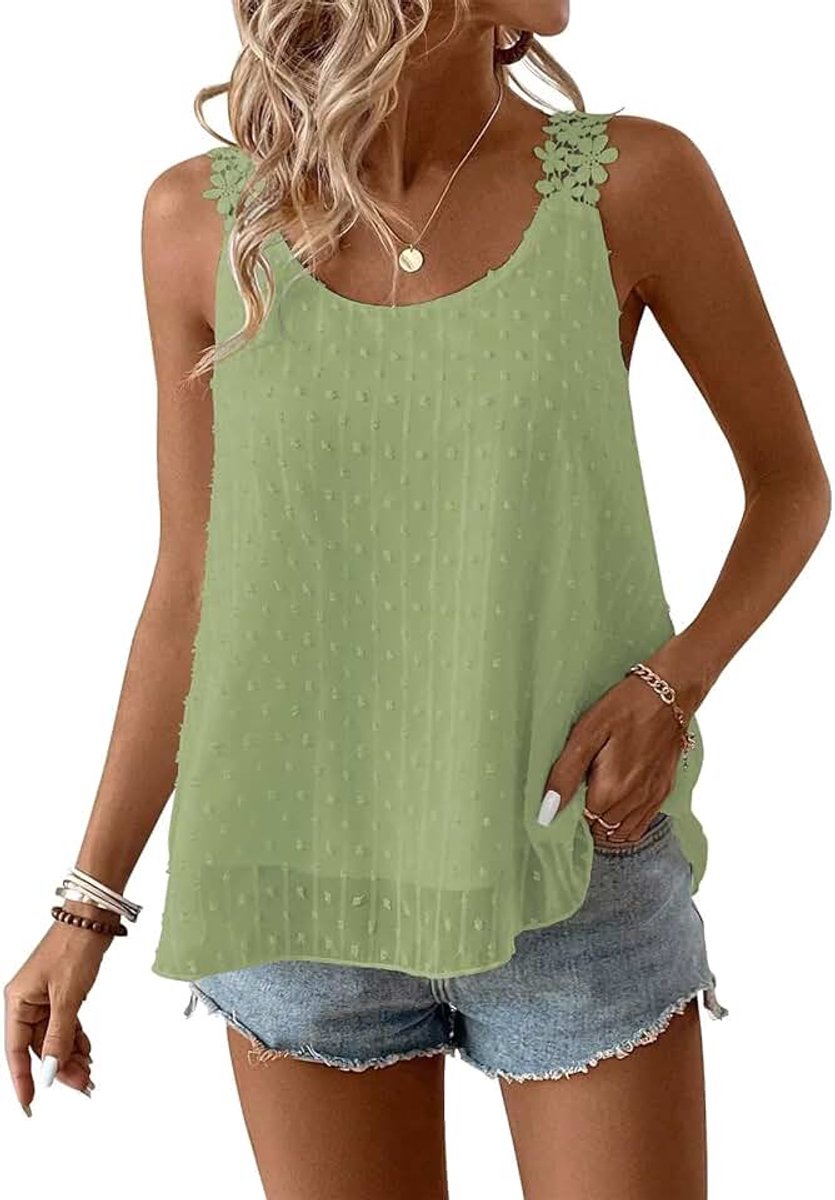 Tank Top Dames Zomer Boho Blouse Mouwloos Tops Vloeiend Elegant Ronde Hals Bloemen Camisole Casual Kant Outfits