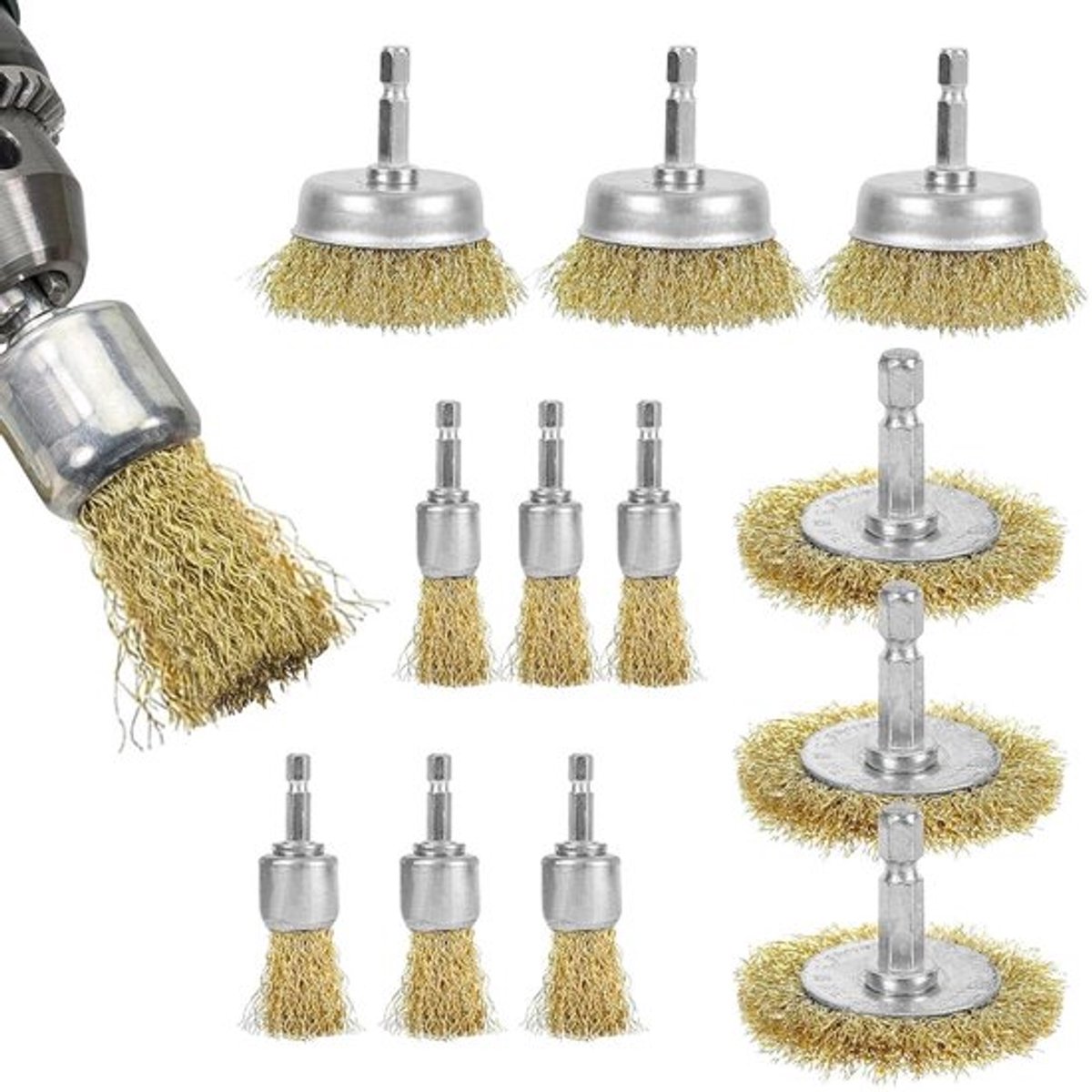 Messingborstels voor boormachine 12-delige set met 6,35 mm schacht - Draadborstel voor roest en schuurmiddelen
