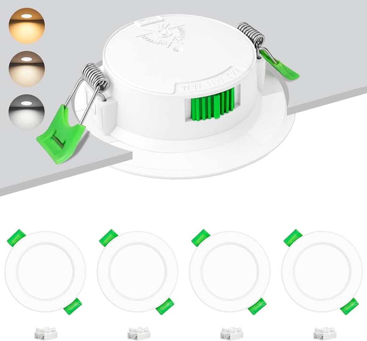 Set van 4 LED Inbouwspots 230V 6W, Ø55-68mm LED Inbouwspots 3CCT 2700K/4000K/6000K, Ultra Platte 25mm IP44 LED Plafondspots voor Badkamer, Keuken en Woonkamer, Wit