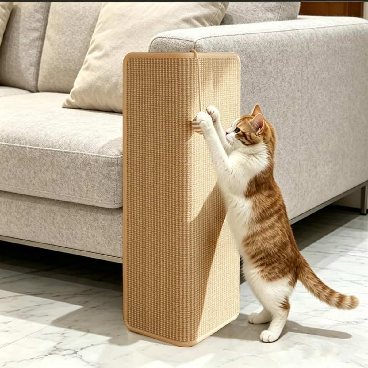 Bankhoek, groot 30 x 60 cm, sisal krabplank voor katten, onder meubels krabmat, meubel- en bankbescherming, hoekkrabplank met speelbal voor huiskatten