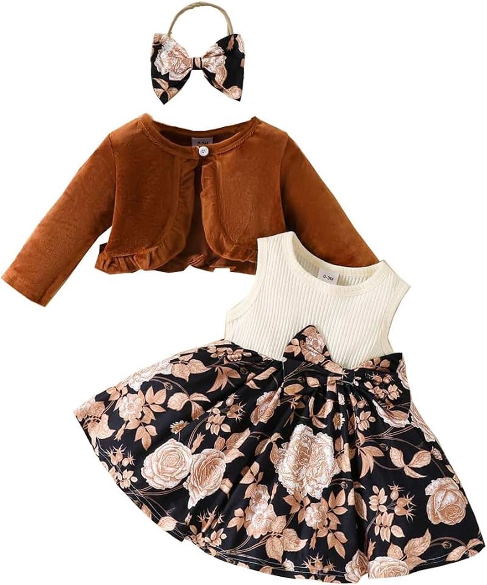 Set voor babymeisjes, bloemenpatroon, jurk + lange mouwen, cardigan, kleding | Mouwloze jurk met strik, elegante outfit voor verjaardagsfeest, met hoofdband/hoed, 3 stuks, herfst, Halloween, Kerstmis