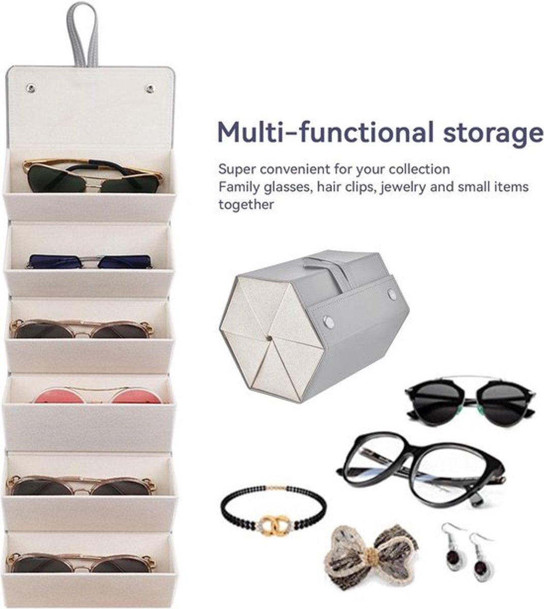 Opbergdoos voor zonnebrillen - 6-Slot Organizer van PU Leer - Reis Zonnebril Opbergtas - Glazen Opknoping Display voor Opslag van kleine items.