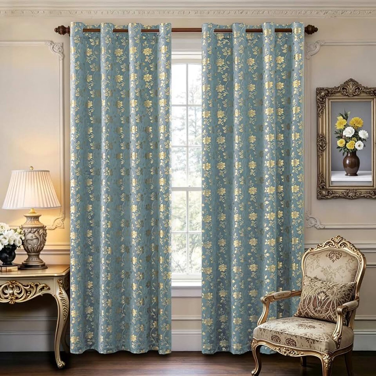 Gordijnen Verduisterend met Oogjes 2 Stuks, 140x245 CM, Retro Elegante Bloemen Verduisteringsgordijn, Isolerend Gordijn Tegen Warmte en Koude, Ideaal voor Slaapkamer en Woonkamer, Grijsgroen