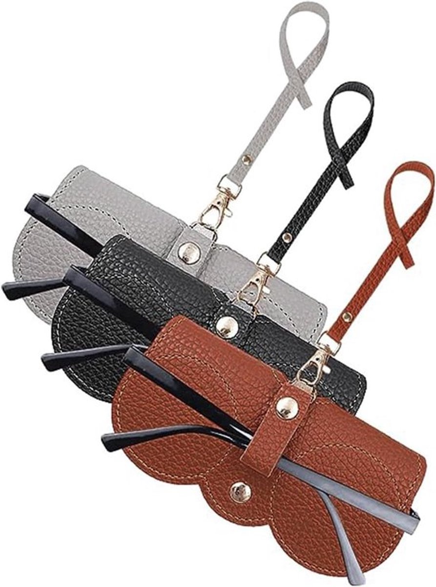 Set van 3 zachte leren brillenkokers voor dames met riem - Opbergen van zonnebrillen - zwart, bruin, grijs.