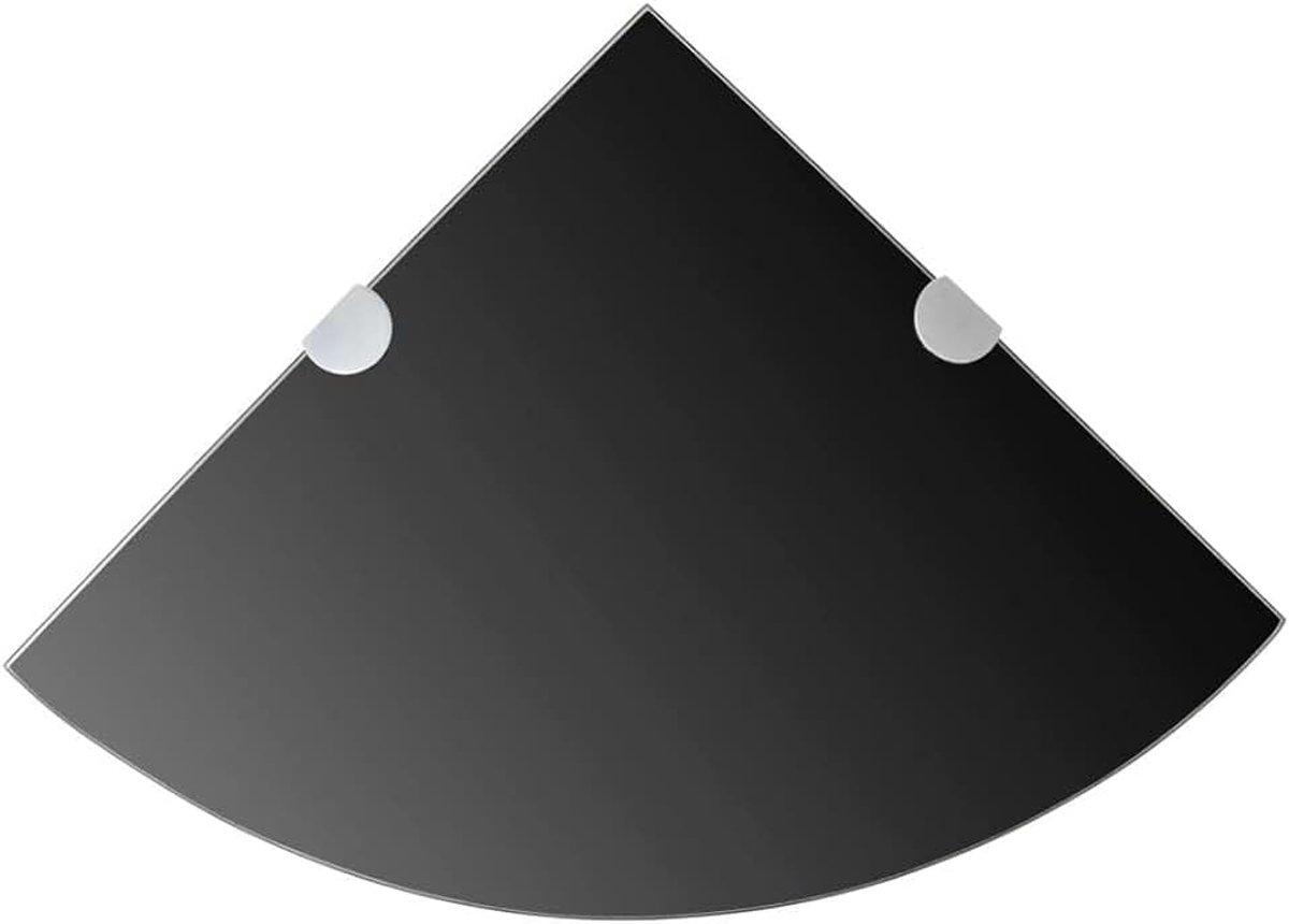 Glazen Hoekplank, Hoekbadplank, Badkamerrek, Glazen Plank voor Badkamer/Slaapkamer/Keuken, met Verchroomde Houders, Zwart, 35 x 35 cm