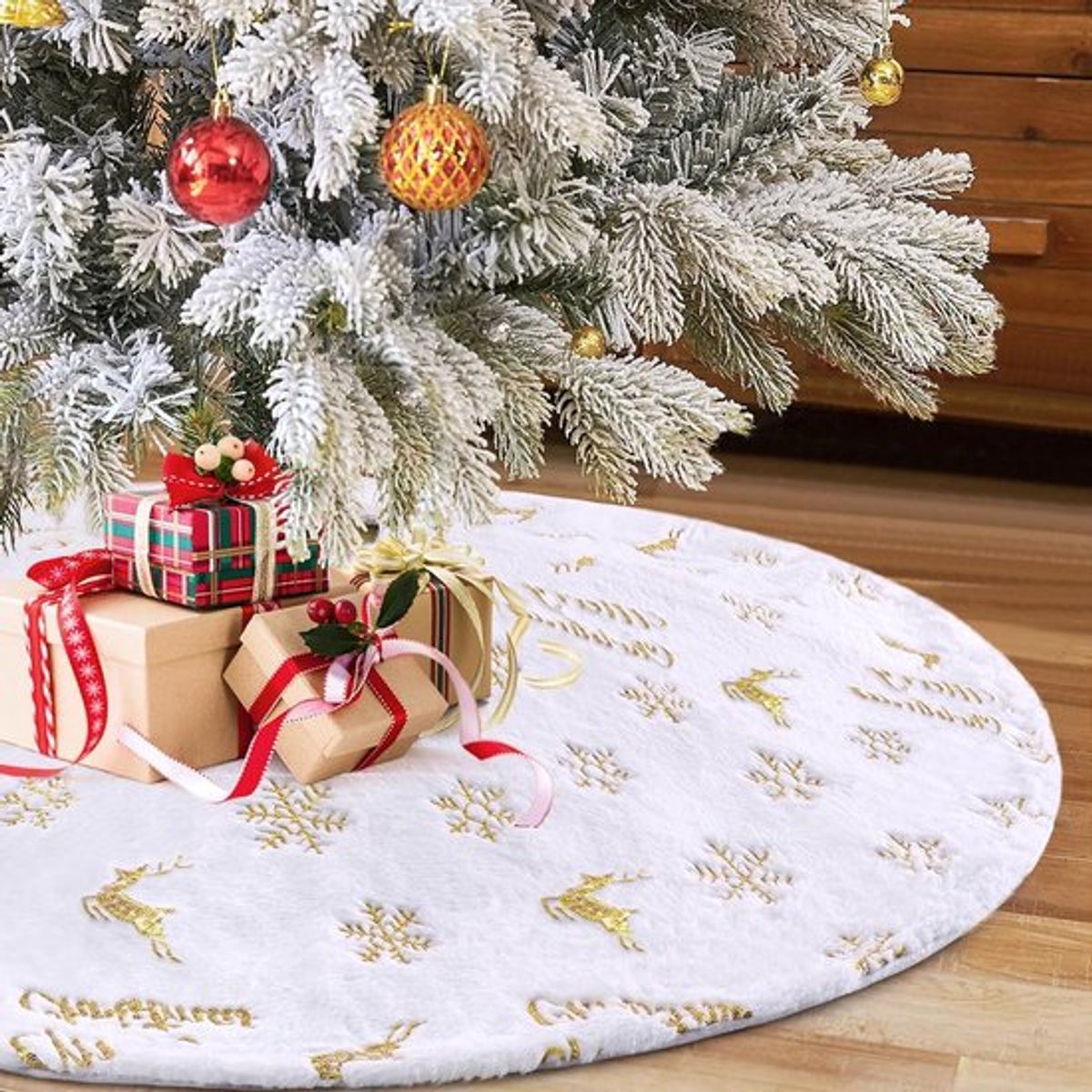 Ronde Kerstboomdeken 120 cm met Gouden Pailletten en Sneeuwvlokken - Zachte Witte Pluche Kerstboomrok voor Feestelijke Decoratie en Warme Sfeer
