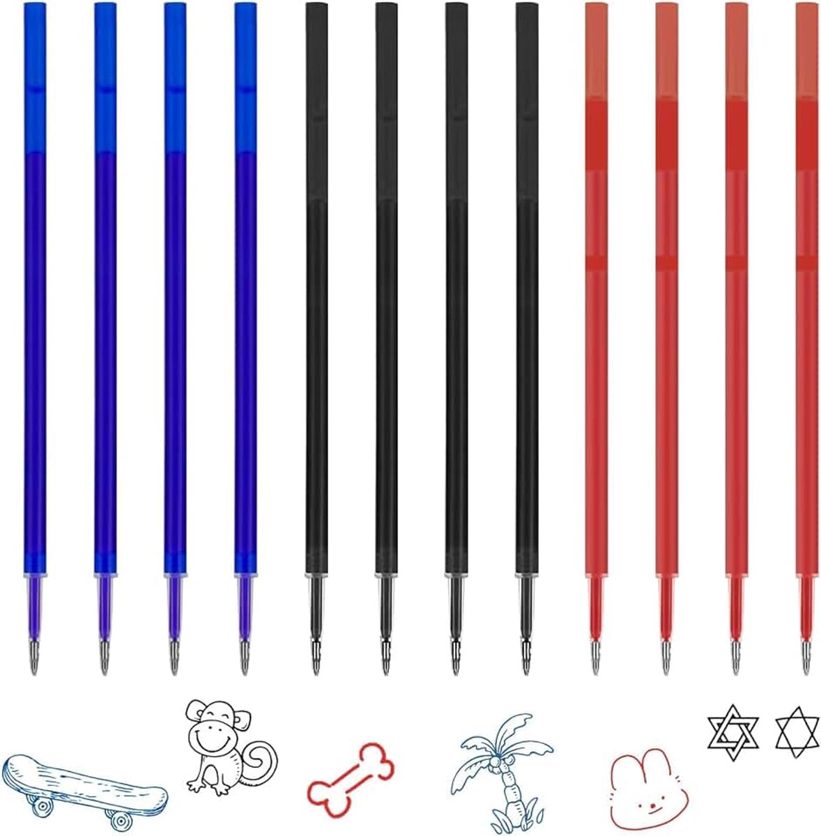 Reservevullingen, compatibel met Legami, punt 0,7 mm, hoogte 13 cm, blauw, zwart, rood, gelvulling, uitwisbaar, vullingen voor Legami uitwisbare stiften, 12 stuks