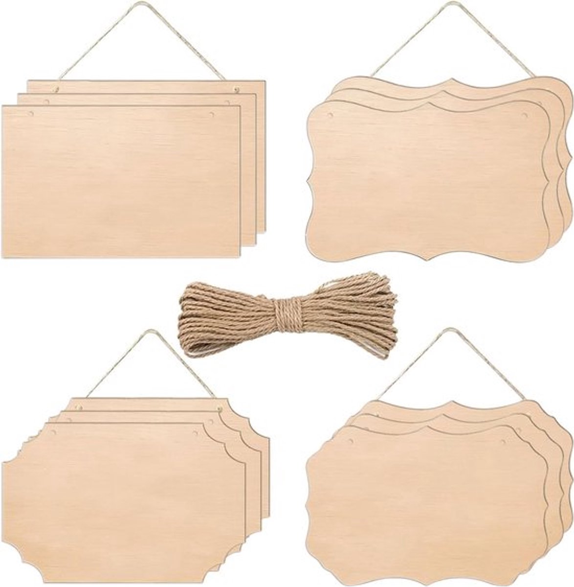 Houten Hangborden DIY Set van 12 Lege Ongeverfde Labels met Jute Touw voor Schilderen en Creatieve Decoratie