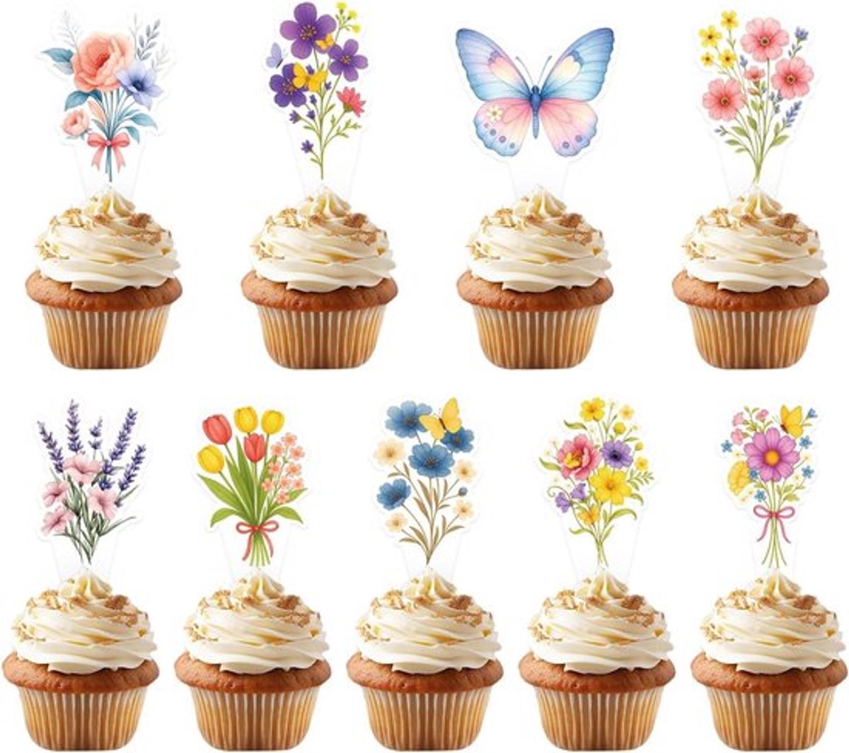 Cupcaketoppers met Wilde Bloemen - 45 Stuks in 9 Stijlen - Bloemen- en Vlinderdecoratie - Baby in Bloei - geschikt voor Verjaardagsfeestjes, Bruiloften en Babyshowers