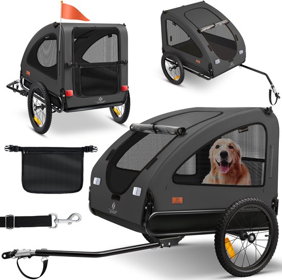 Montage van de zwarte hondenfietskar met een golden retriever, inclusief accessoires zoals een tas, riem en trekstang.