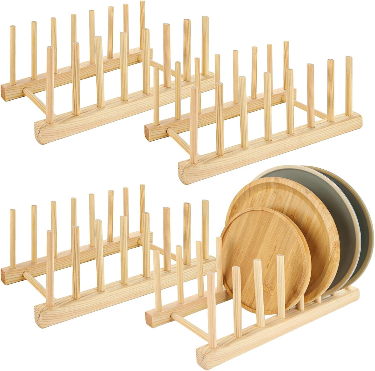 4 stuks houten bordenstandaard, 7 insteekplaatsen houten afvoerrekje, afvoergestel voor keukengerei bamboe plaathouder bordenrek houder voor borden, snijplank, potdeksel, schaal